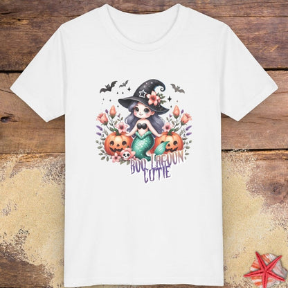 White kids t-shirt with “Boo Lagoon Cutie” text, a cute witchy mermaid, pumpkins, bats, and flowers.