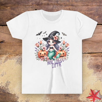 White kids t-shirt with “Boo Lagoon Cutie” text, a cute witchy mermaid, pumpkins, bats, and flowers.
