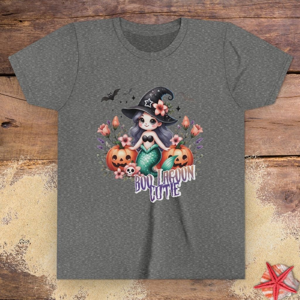 Dark Gray kids t-shirt with “Boo Lagoon Cutie” text, a cute witchy mermaid, pumpkins, bats, and flowers.
