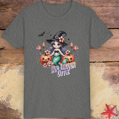 Dark heather gray kids t-shirt with “Boo Lagoon Cutie” text, a cute witchy mermaid, pumpkins, bats, and flowers.