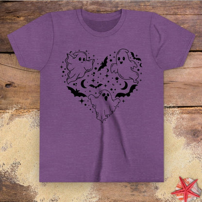 Heather purple youth t-shirt with black ghost heart design featuring cute ghosts, bats, stars, moons, and spooky Halloween line art.