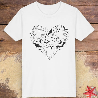 White youth t-shirt with black ghost heart design featuring cute ghosts, bats, stars, moons, and spooky Halloween line art.