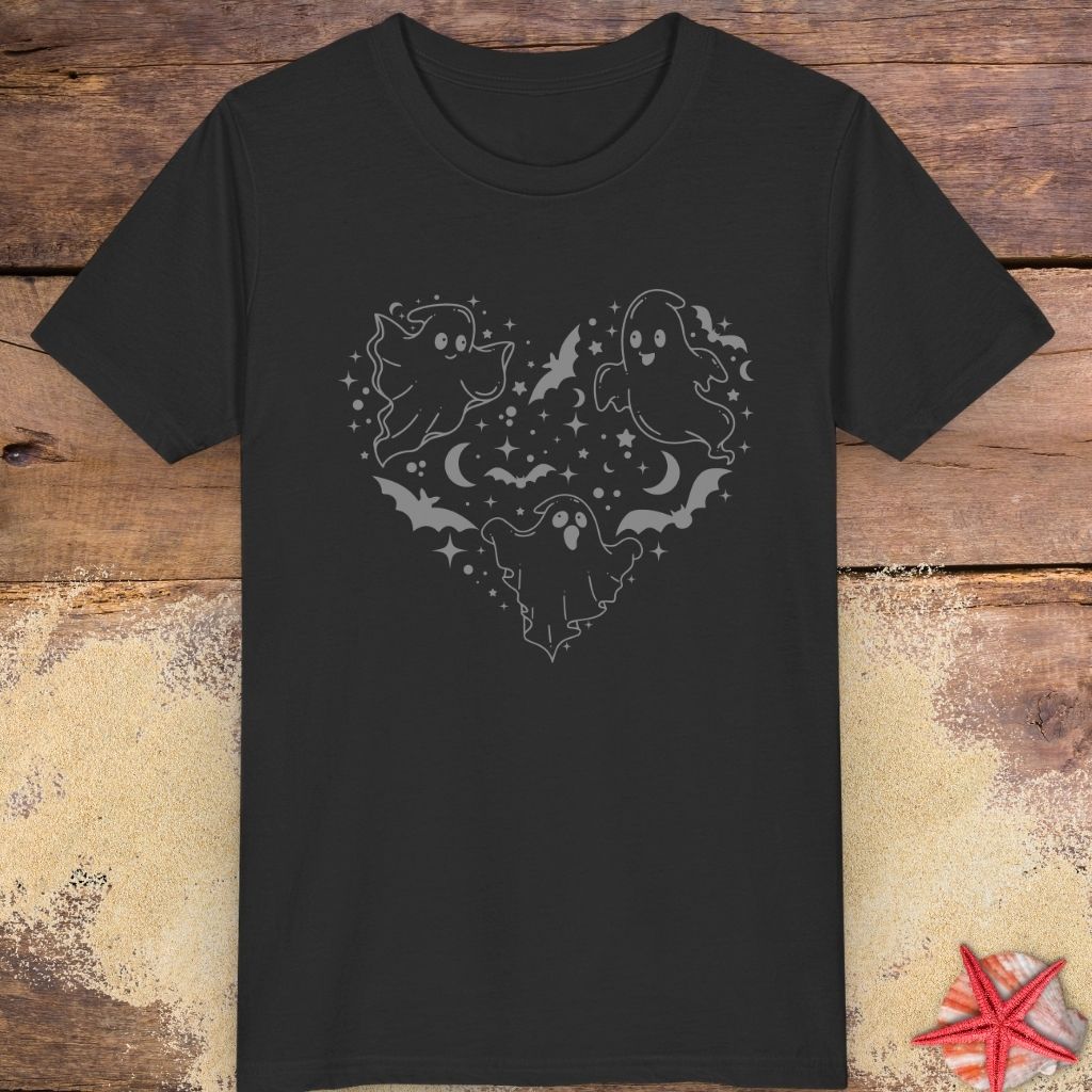 Black youth t-shirt with black ghost heart design featuring cute ghosts, bats, stars, moons, and spooky Halloween line art.