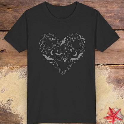 Black youth t-shirt with black ghost heart design featuring cute ghosts, bats, stars, moons, and spooky Halloween line art.