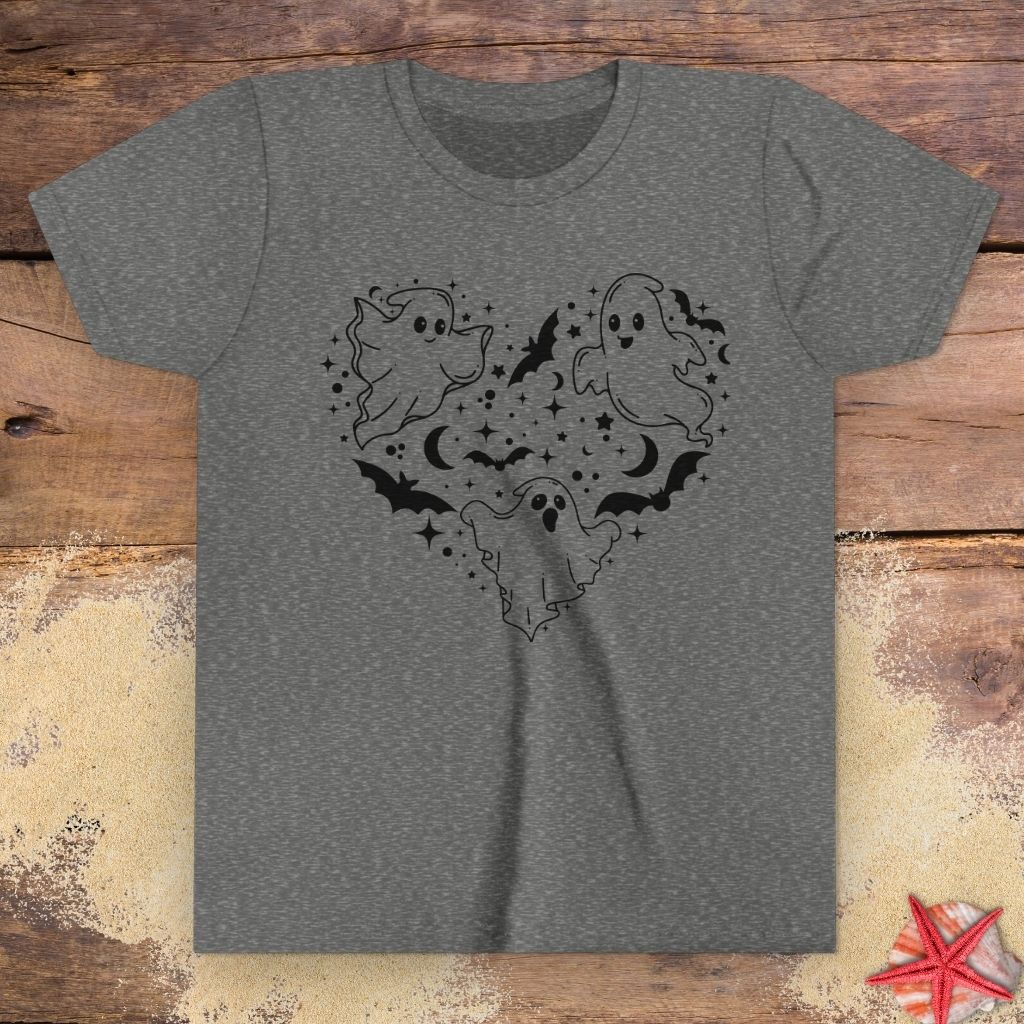 Dark Heather Gray youth t-shirt with black ghost heart design featuring cute ghosts, bats, stars, moons, and spooky Halloween line art.