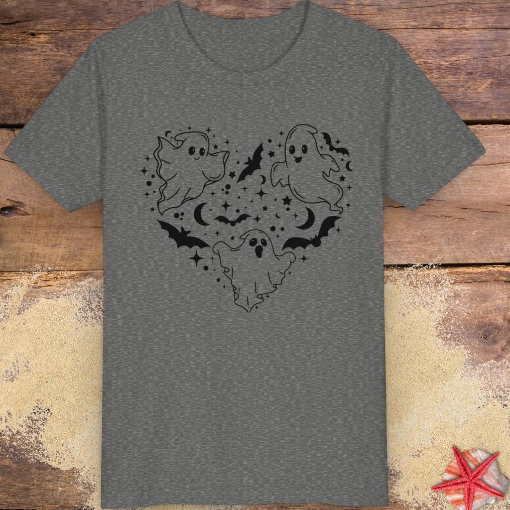 Dark Heather Gray youth t-shirt with black ghost heart design featuring cute ghosts, bats, stars, moons, and spooky Halloween line art.