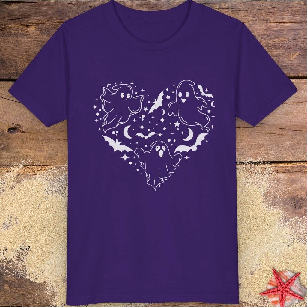 Purple youth t-shirt with black ghost heart design featuring cute ghosts, bats, stars, moons, and spooky Halloween line art.