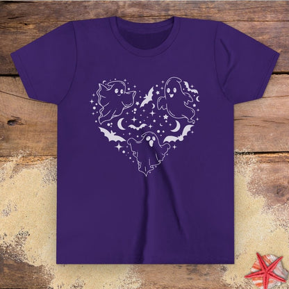 Purple youth t-shirt with black ghost heart design featuring cute ghosts, bats, stars, moons, and spooky Halloween line art.