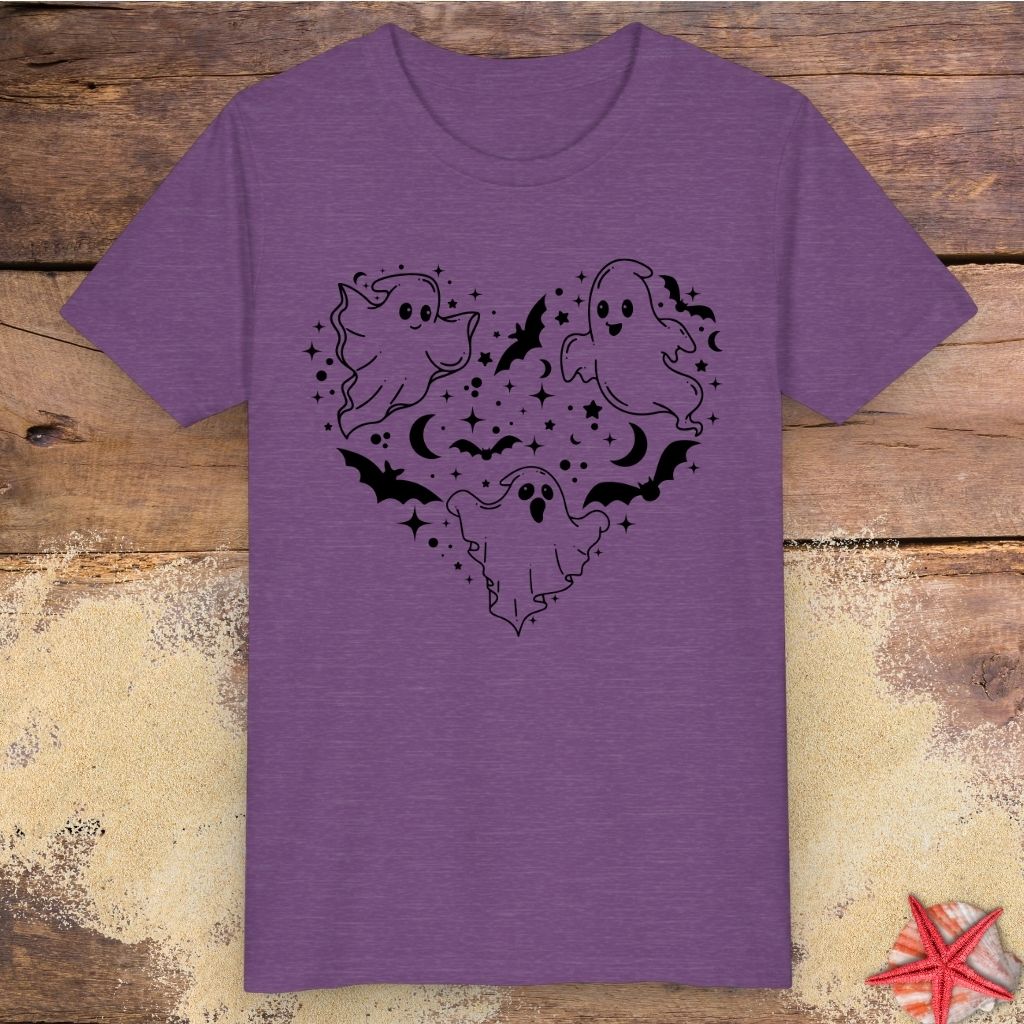 Heather purple youth t-shirt with black ghost heart design featuring cute ghosts, bats, stars, moons, and spooky Halloween line art.