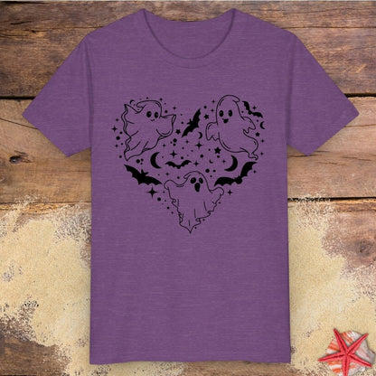 Heather purple youth t-shirt with black ghost heart design featuring cute ghosts, bats, stars, moons, and spooky Halloween line art.
