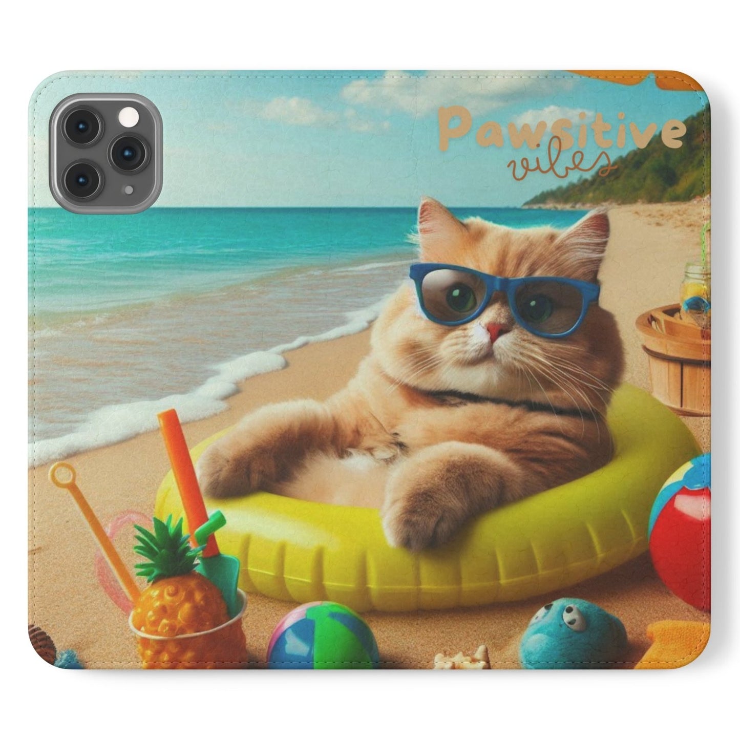 Opened phone case wallet with picture of cat lounging on beach with pool toys and drinks surrounding the cat with the text Pawitive Vibes.