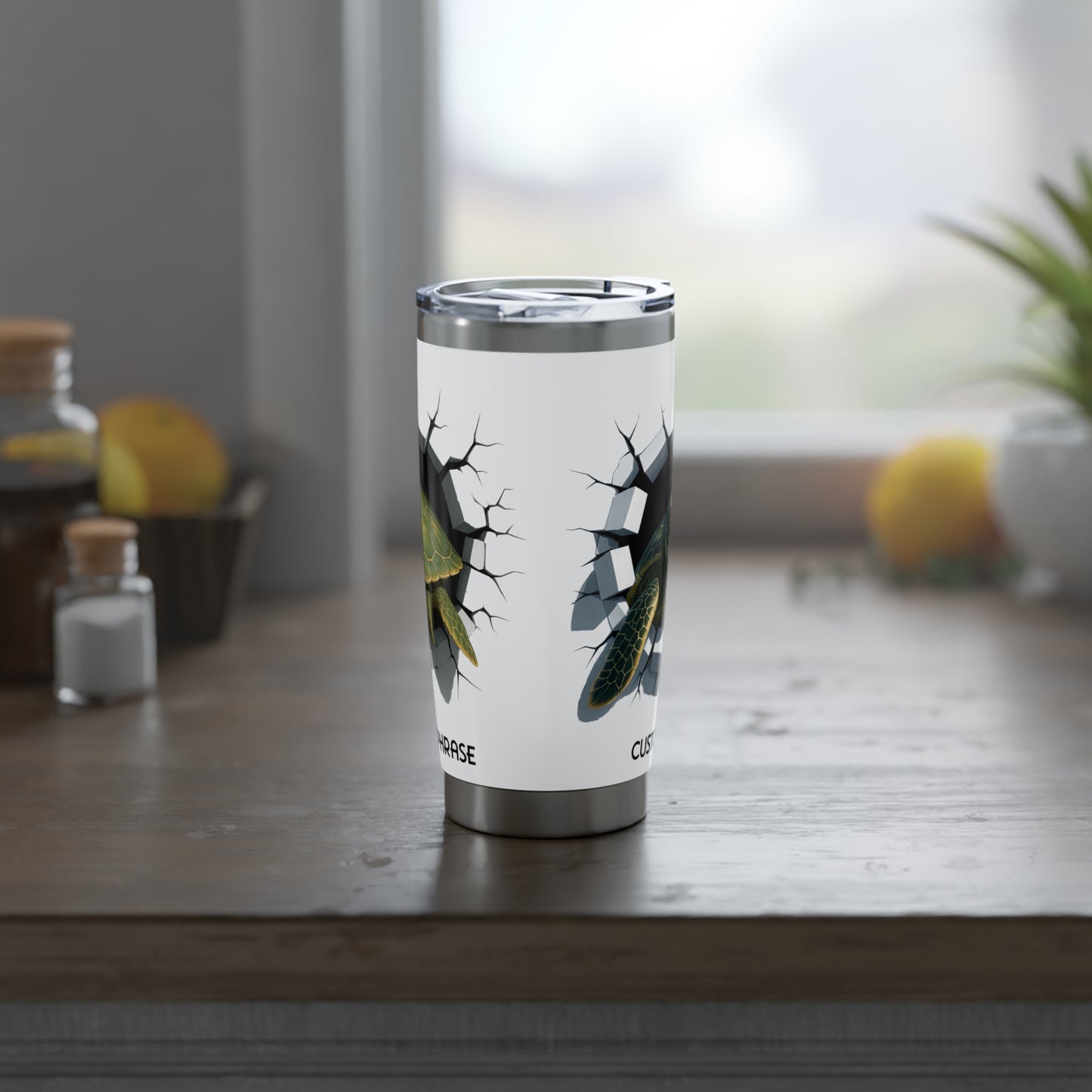 Side view of white tumbler with sea turtle breakout personalized.