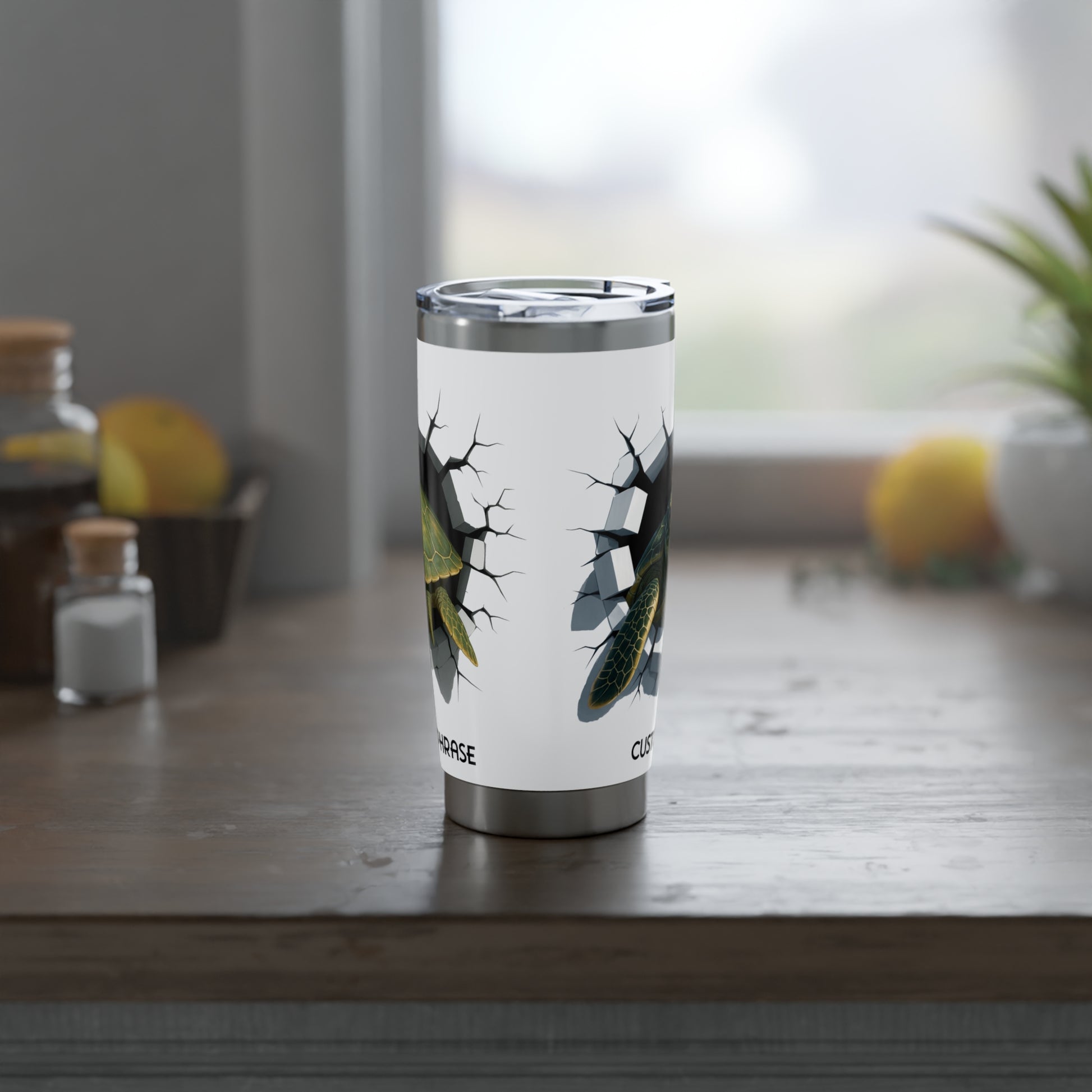 Side view of white tumbler with sea turtle breakout personalized.