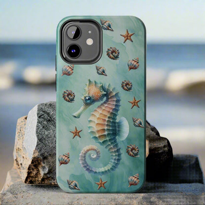 Phone case with a seahorse design on a green background