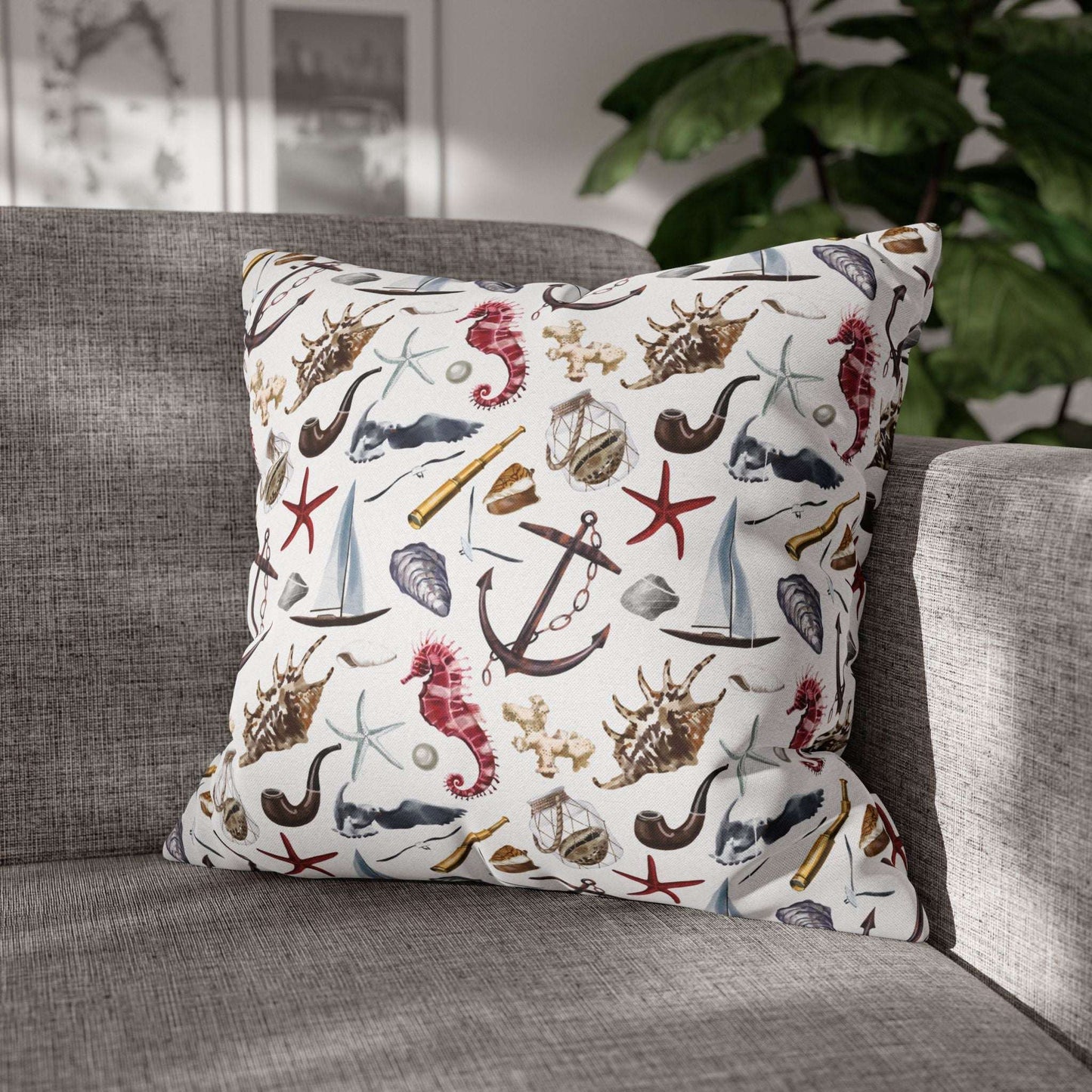 20" x 20" white pillowcase featuring detailed graphics of anchors, seashells, sailboats, and seahorses in a nautical-themed pattern.