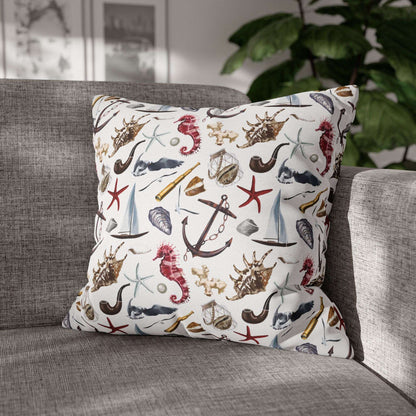 20" x 20" white pillowcase featuring detailed graphics of anchors, seashells, sailboats, and seahorses in a nautical-themed pattern.