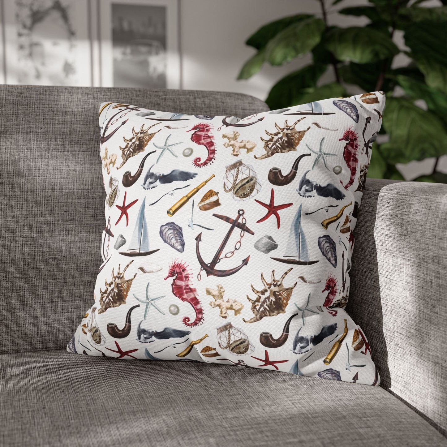20" x 20" white pillowcase featuring detailed graphics of anchors, seashells, sailboats, and seahorses in a nautical-themed pattern.