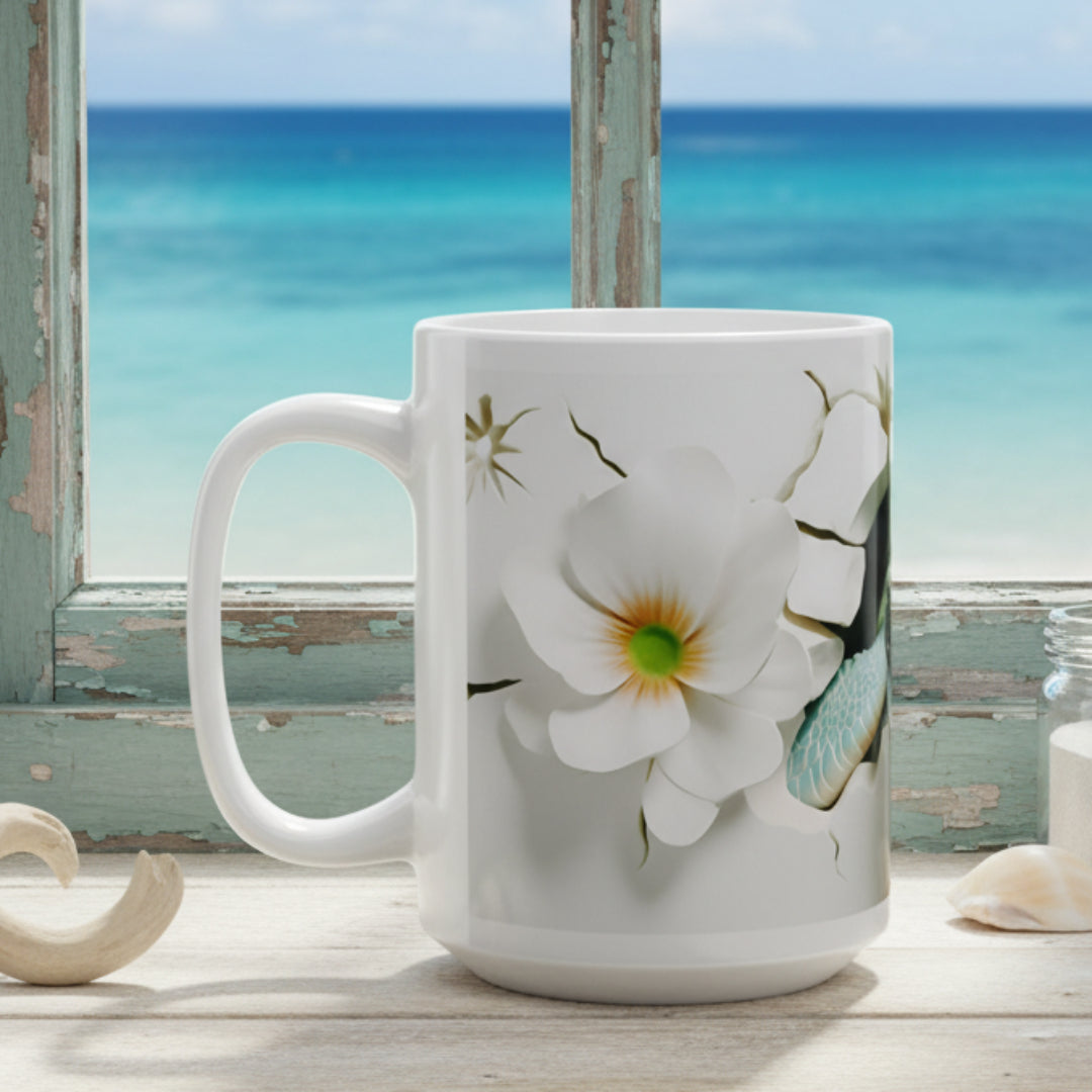 White mug with a floral design on a white background