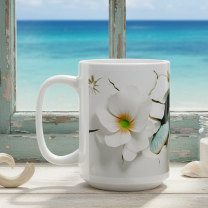 White mug with a floral design on a white background