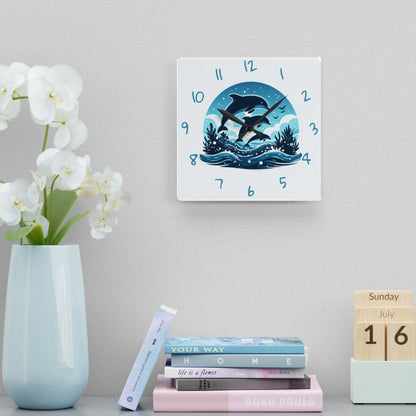 Wall clock with swimming dolphins design on a shelf with books and a vase.