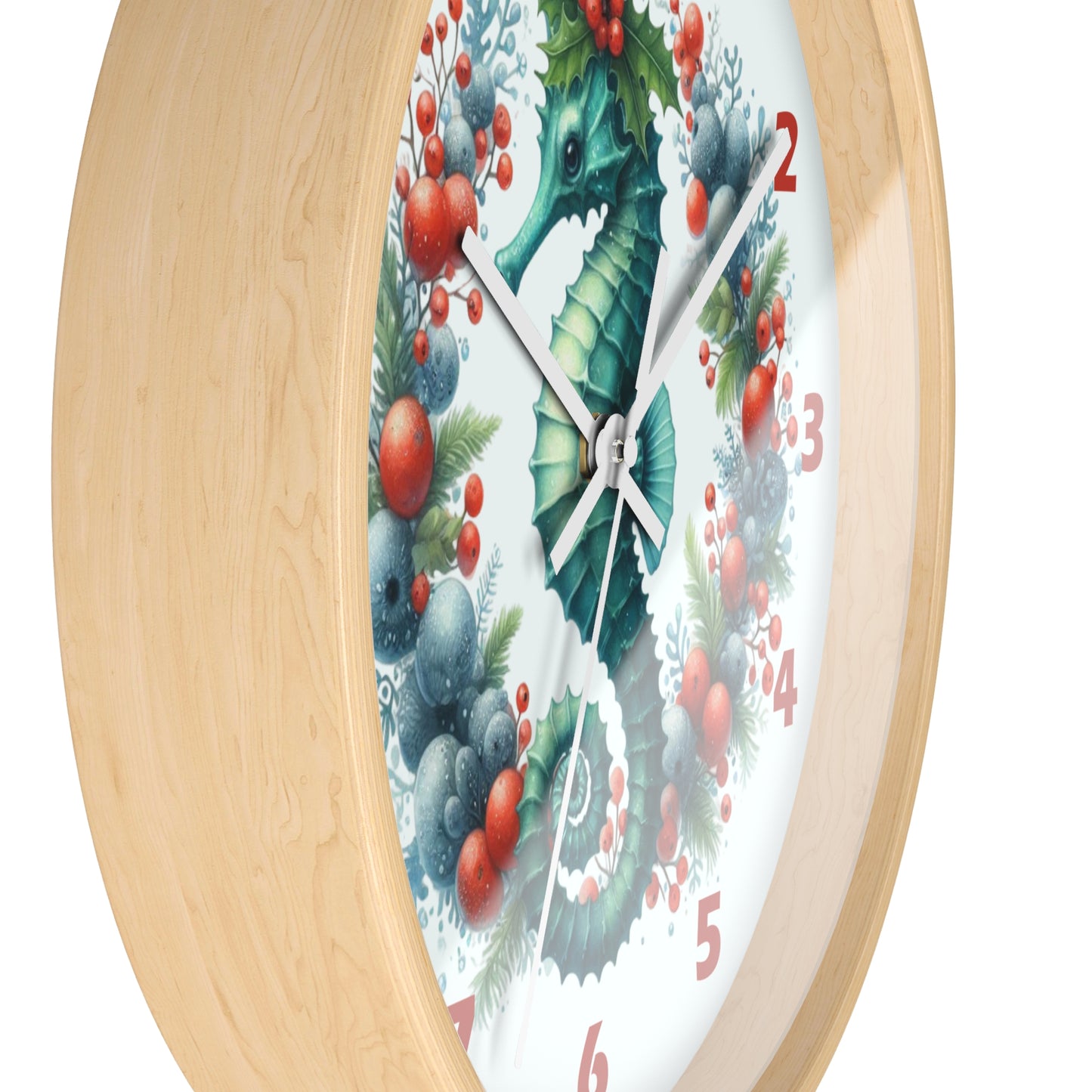 Decorative wall clock with a seahorse and berry design on a white background