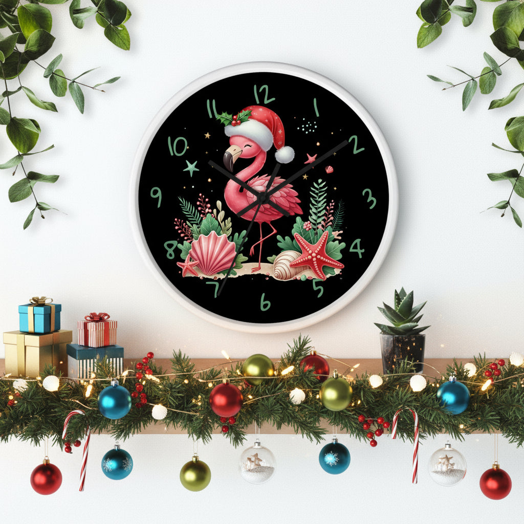 Wall clock with a flamingo wearing a Santa hat and Christmas decorations on a black background.