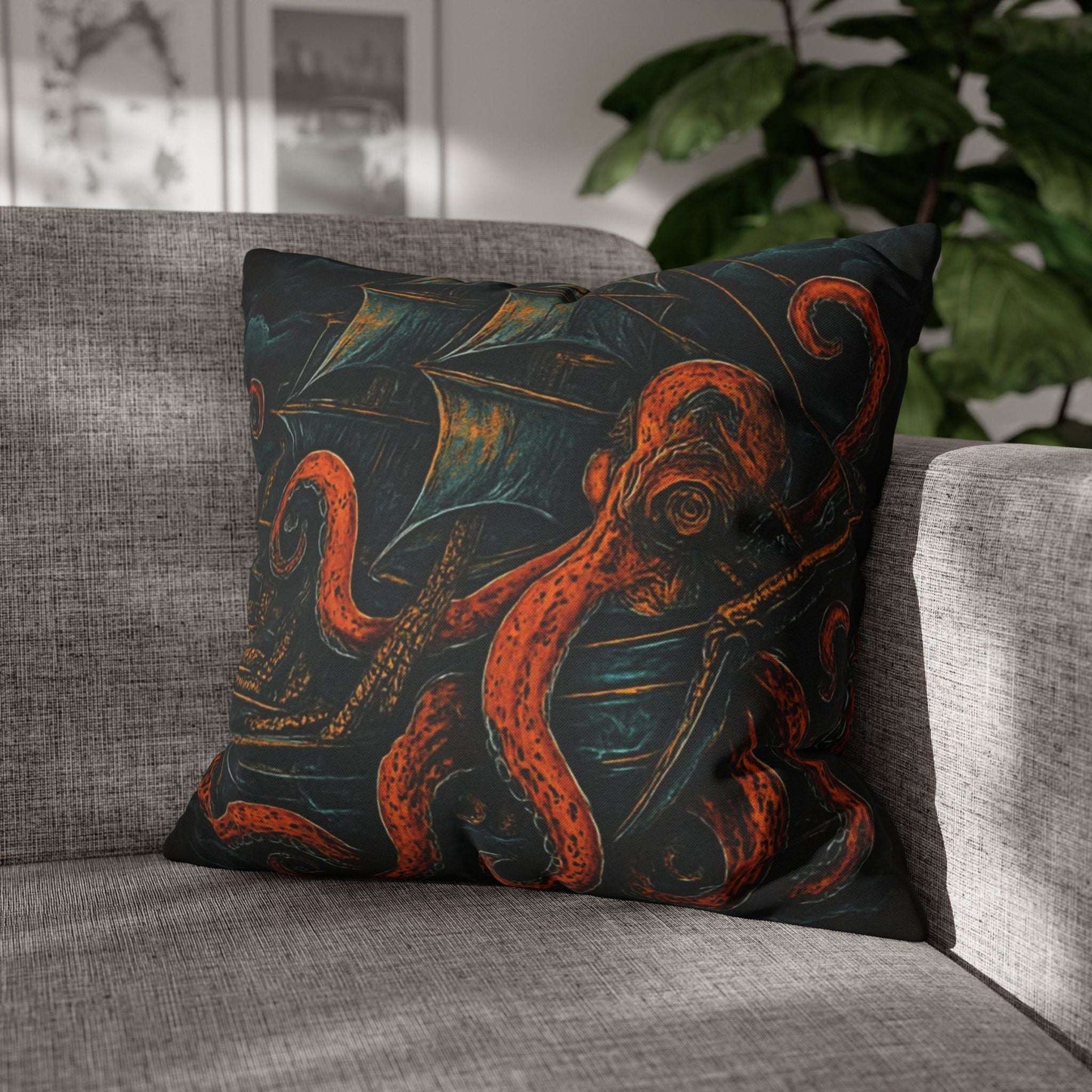 20" x 20" Black pillowcase with a design of a large octopus enveloping an old sail ship.