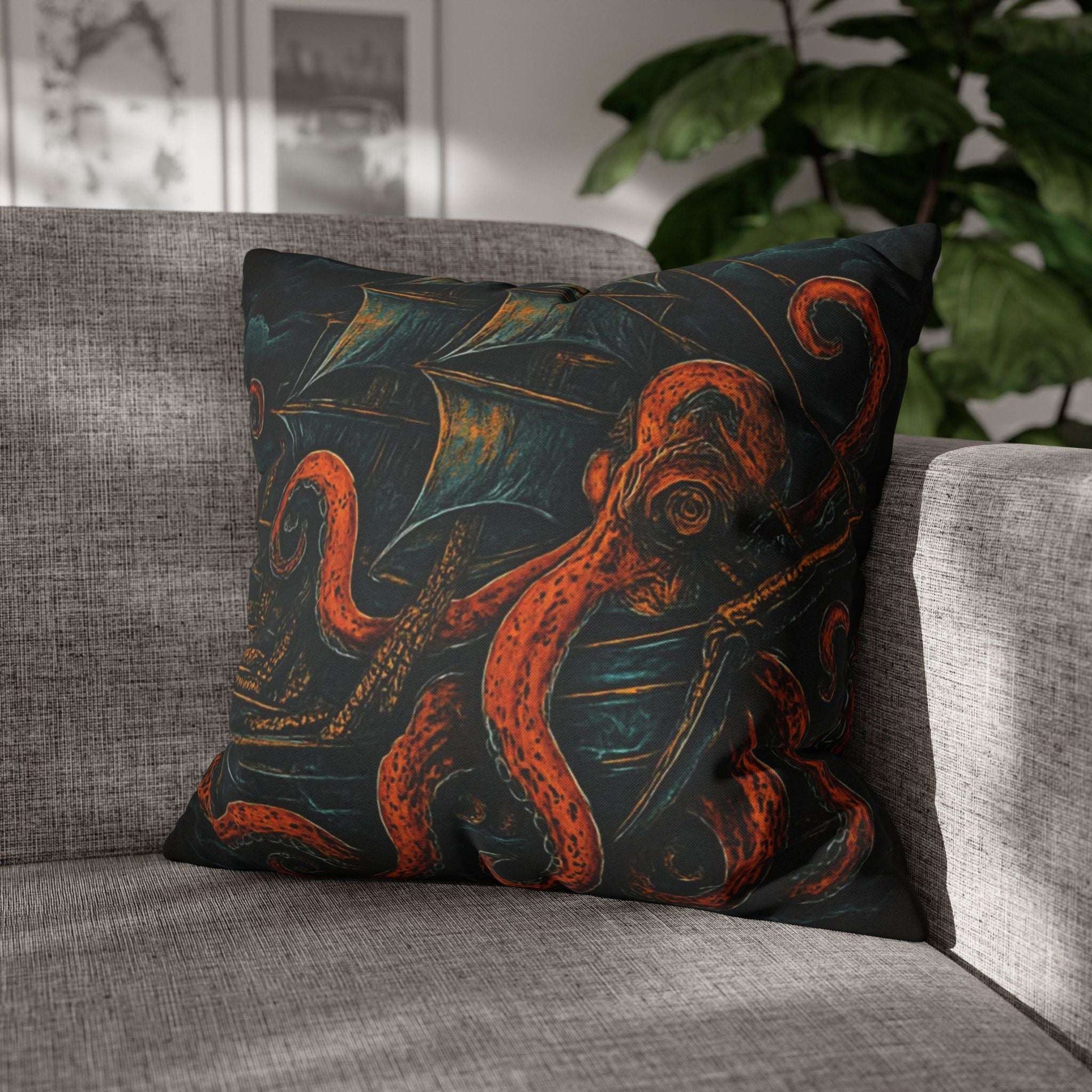 20" x 20" Black pillowcase with a design of a large octopus enveloping an old sail ship.