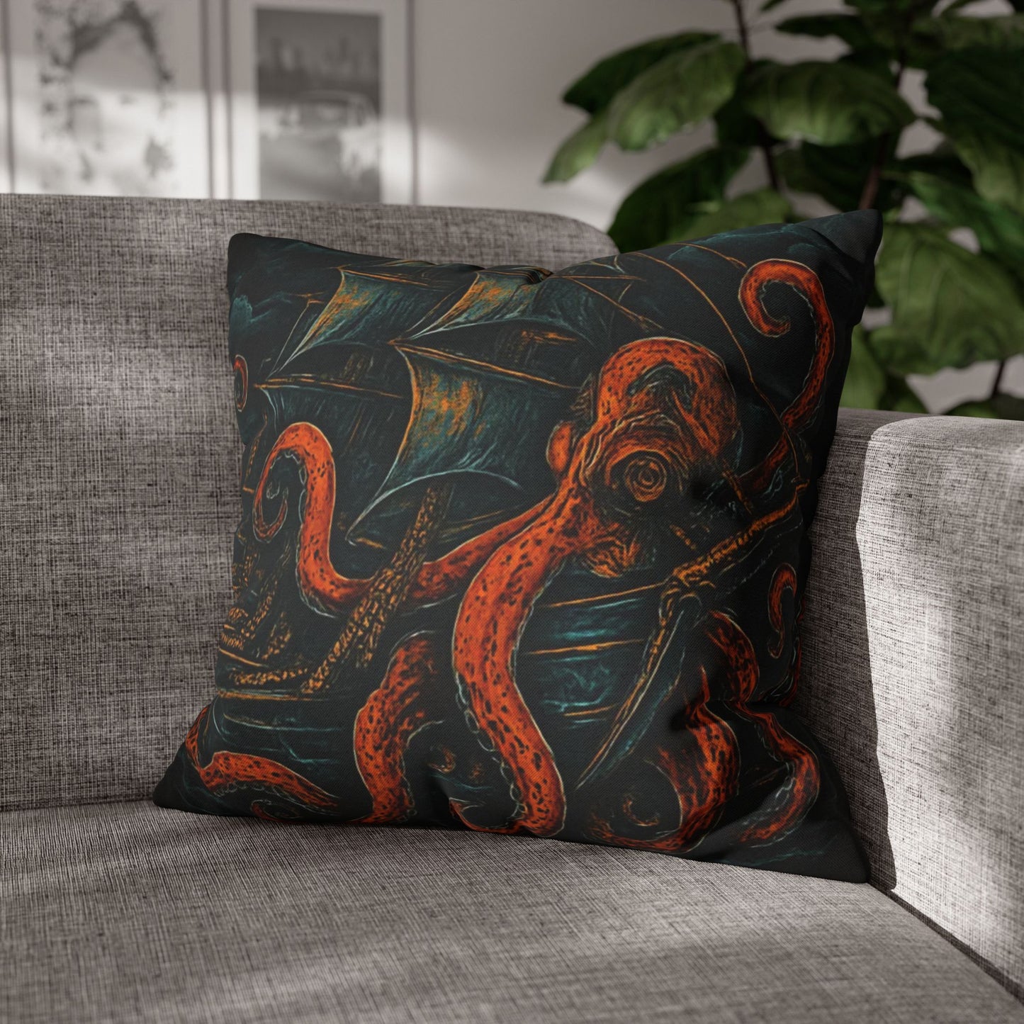 20" x 20" Black pillowcase with a design of a large octopus enveloping an old sail ship.