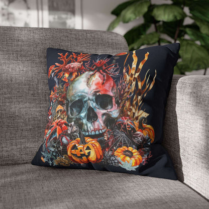 Decorative pillow cases with a skull and pumpkins design on a dark background.