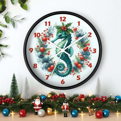 Decorative wall clock with a seahorse design on a white background