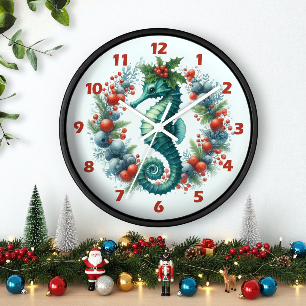 Decorative wall clock with a seahorse design on a white background