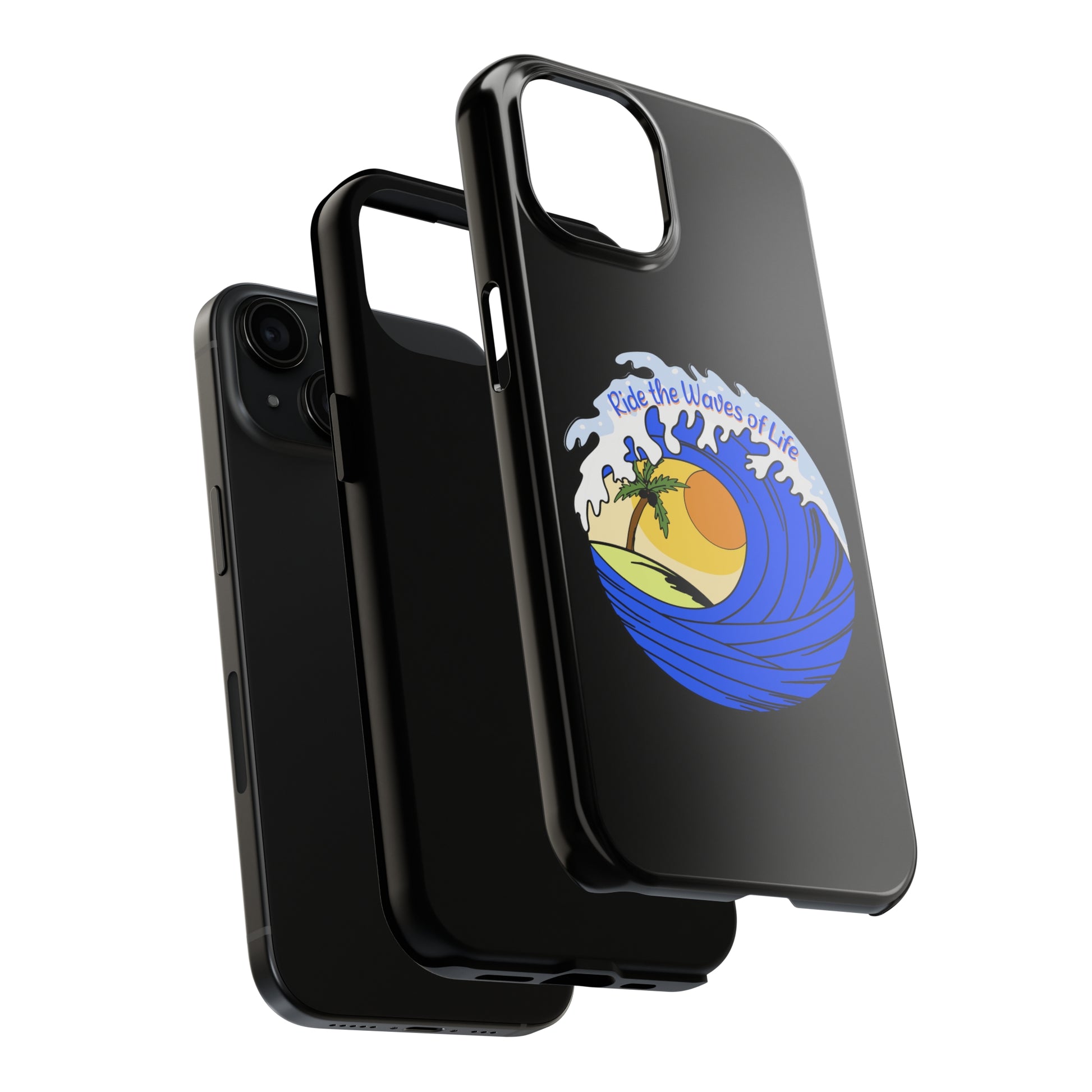 Layers of a black Iphone Tough Case with a blue wave and sunset that says Ride the Waves of Life