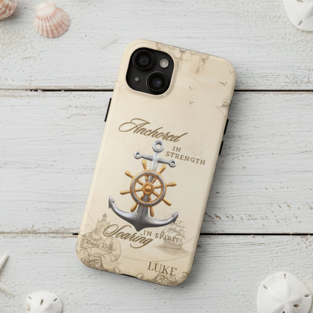 Phone case with anchor and ship wheel design that can be personalized.