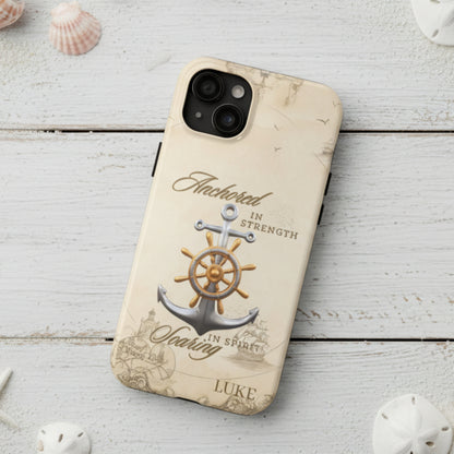 Phone case with anchor and ship wheel design that can be personalized.