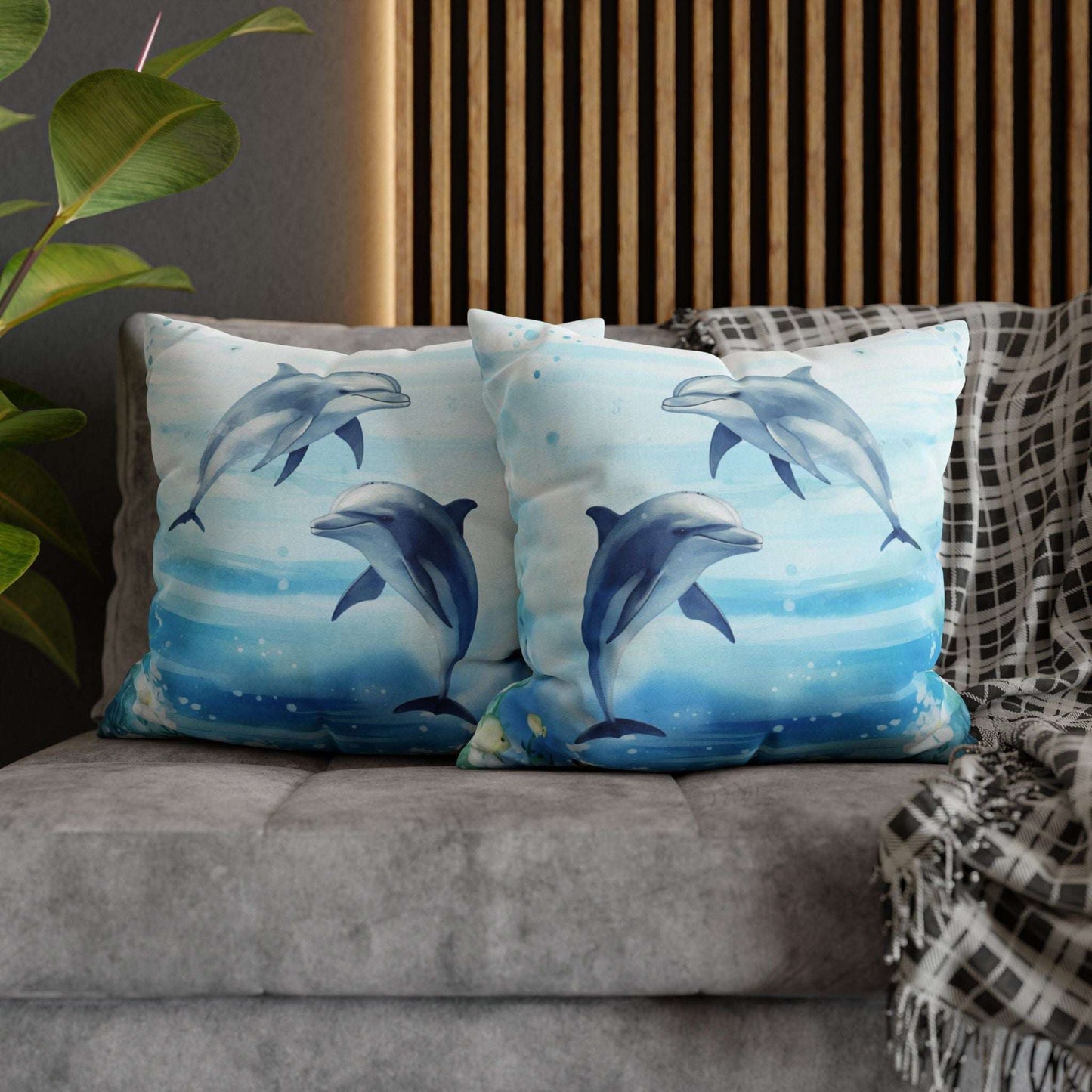 Two decorative pillow cover with a watercolor design of two dolphins in the water with flowers along the bottom edges showing the double-sided print.