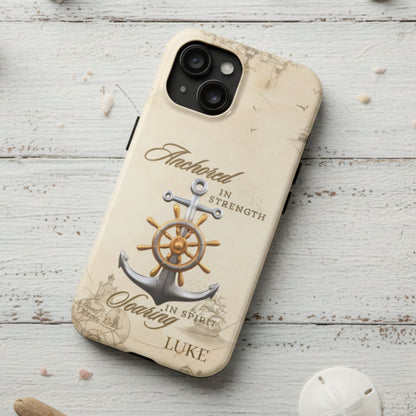 Phone case with anchor and ship wheel design that can be personalized.