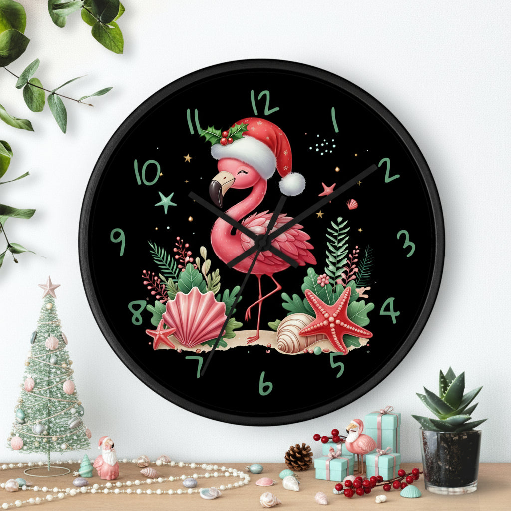 Wall clock with a festive flamingo design on a black background, featuring green plants and a plant pot.