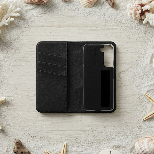 Inside view of phone holder and cash and credit card pockets of flip phone case with an illustration of a cat lying in an inner tube on the beach with the text “Pawsitive Vibes,” customizable with a name.