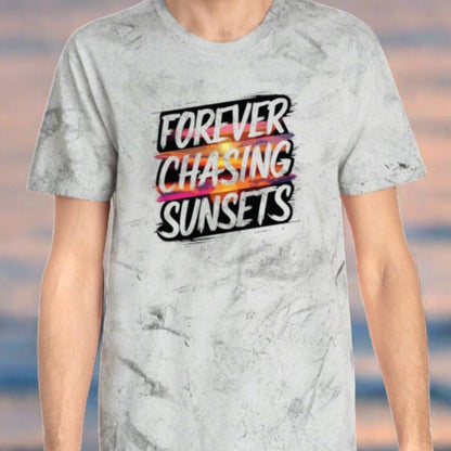 a fern color burst t-shirt that has a sunset on it with the words chasing sunsets on it.