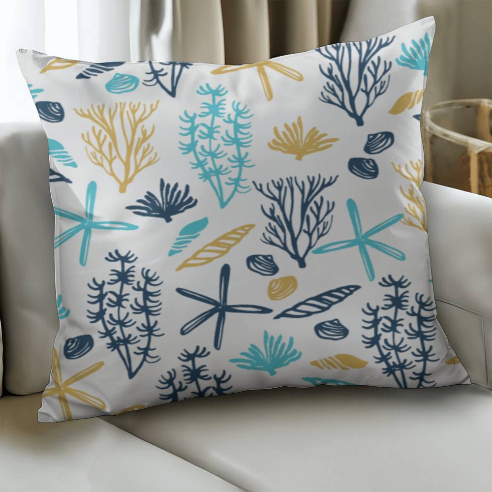 26" white pillow with blue and yellow underwater plants