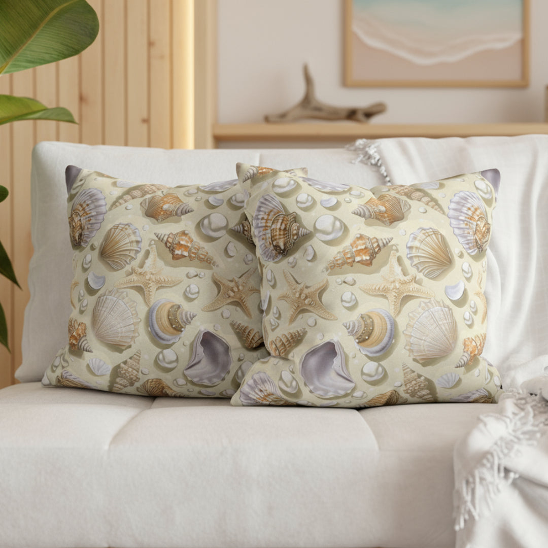 Decorative pillows with shell pattern on a gray sofa