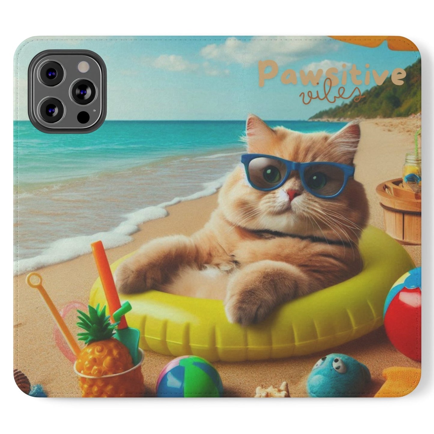 Opened phone case wallet with picture of cat lounging on beach with pool toys and drinks surrounding the cat with the text Pawitive Vibes.