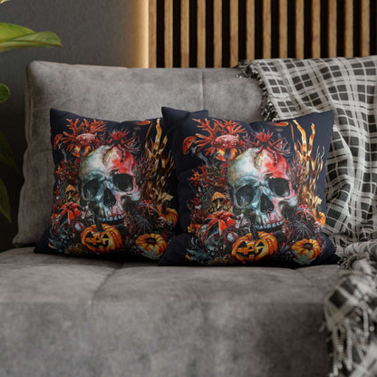 Decorative pillow cases with a double-sided  design of a skull and pumpkins design on a dark background.