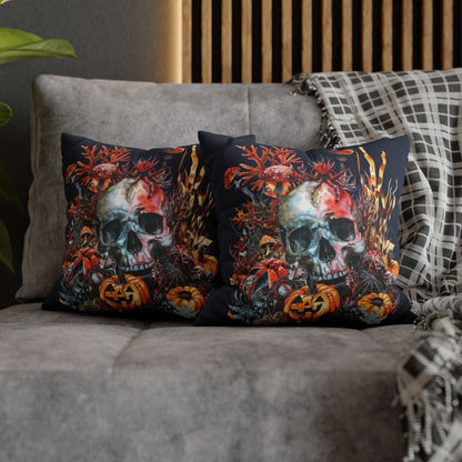 Decorative pillow cases with a double-sided  design of a skull and pumpkins design on a dark background.