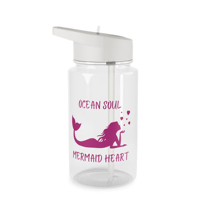 Clear Water bottle with gray lid and straw with a mermaid that says Ocean Soul Mermaid Heart