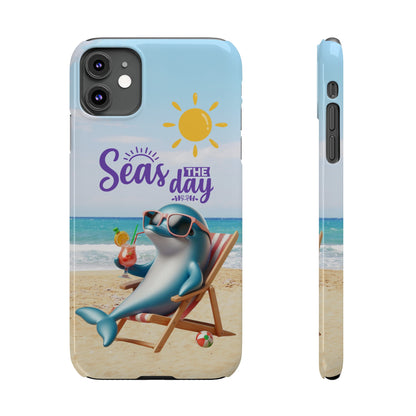 Iphone case with a picture of the ocean beach with a dolphin wearing sunglasses sitting in a beach chair drinking a cocktail with the sun above that says Seas the day.