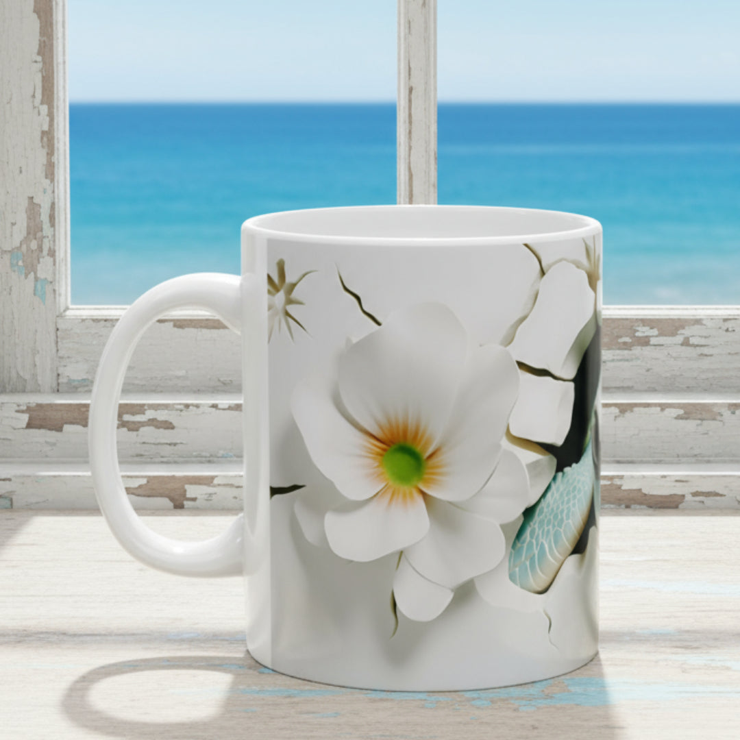 White mug with a floral design on a white background