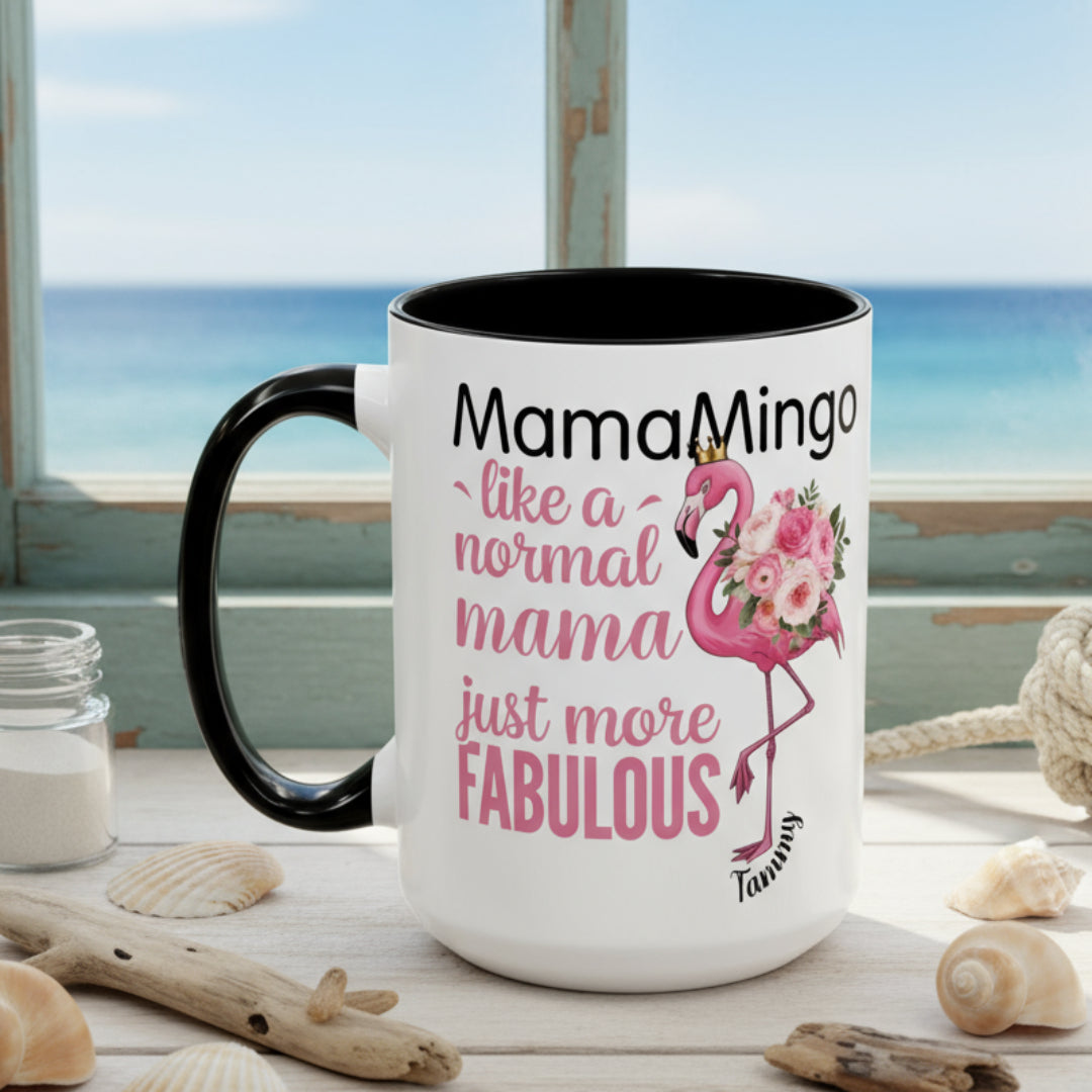 Mug with flamingo design and text on a white background