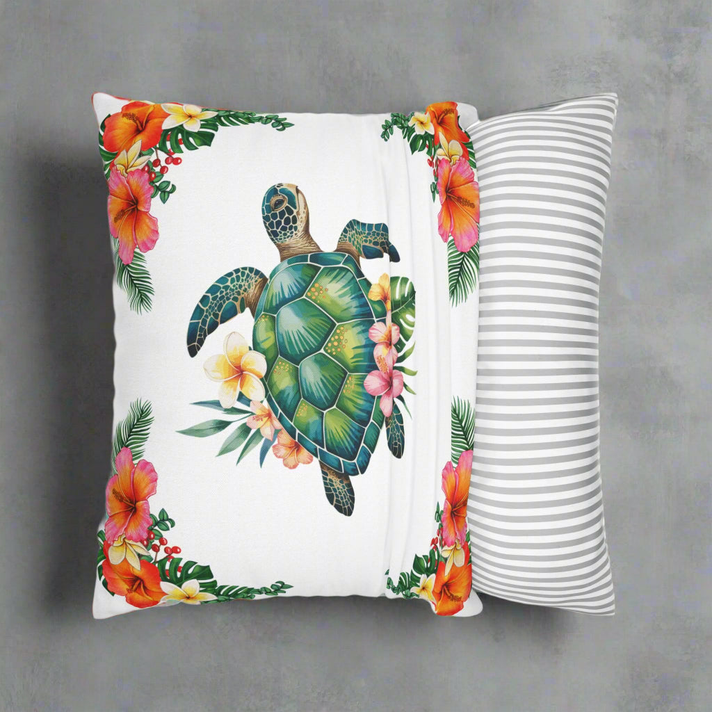 white pillowcase with hibiscus flowers and a sea turtle design showing the ease of removal.